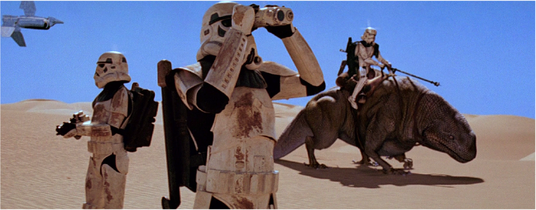 Stormtroopers on Tatooine looking for the missing droids